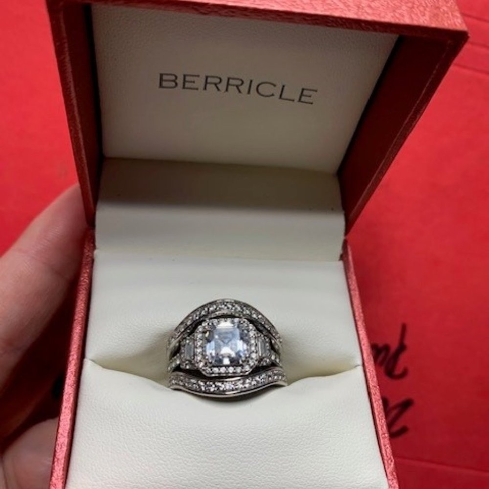 Wedding Set - Halo Art Deco Round CZ Ring Set in Sterling Silver